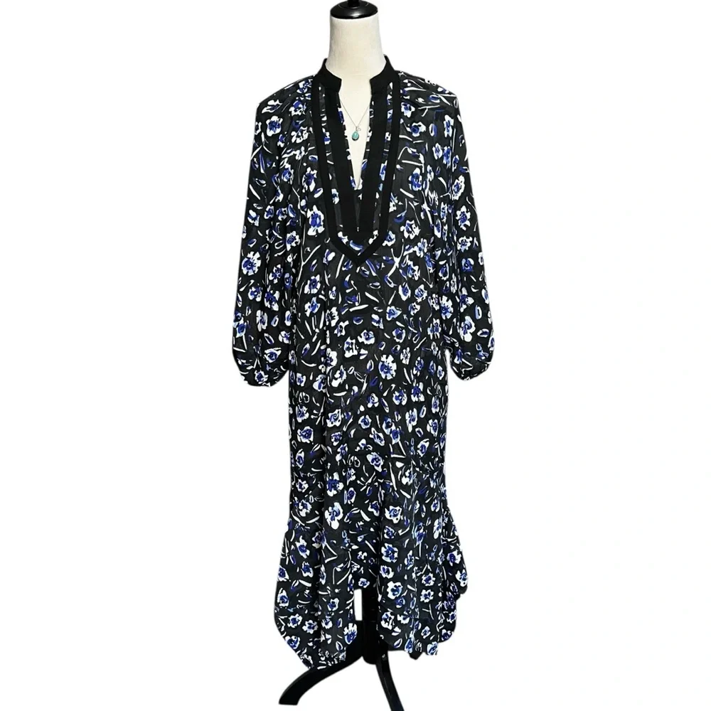 Tory‎ Burch Puff Sleeve Handkerchief Floral Tunic Asymmetric Midi Dress Small